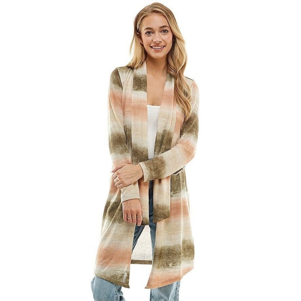 TWIN HUE Longline Woman Olive Peach Cardigan Comfortable Breathable